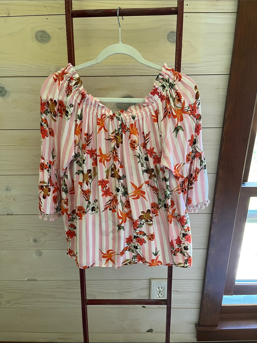 Women’s Pink Striped Off-Shoulder Floral Blouse